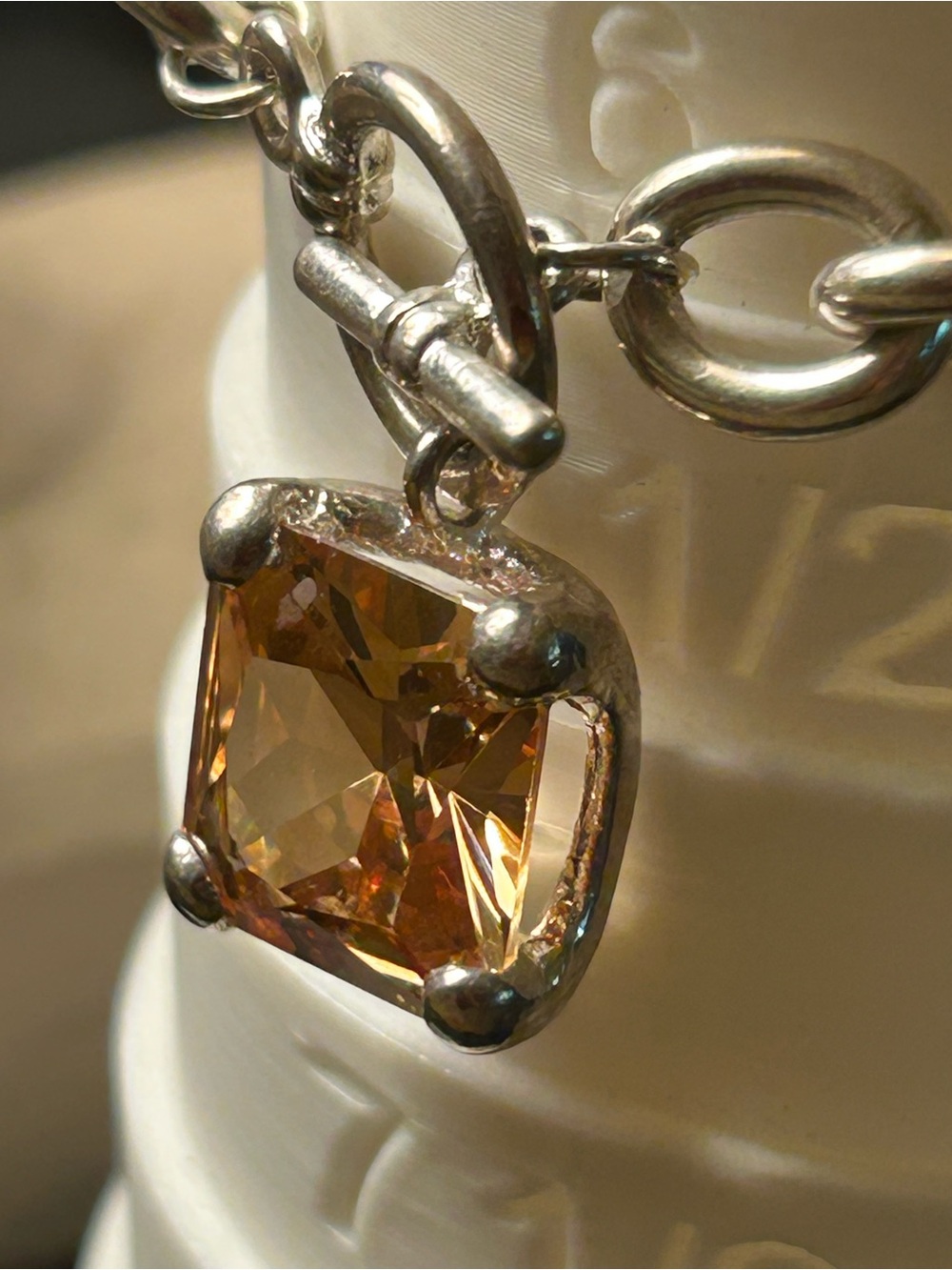 Silver Toggle Bracelet with Amber Square CZ Charm